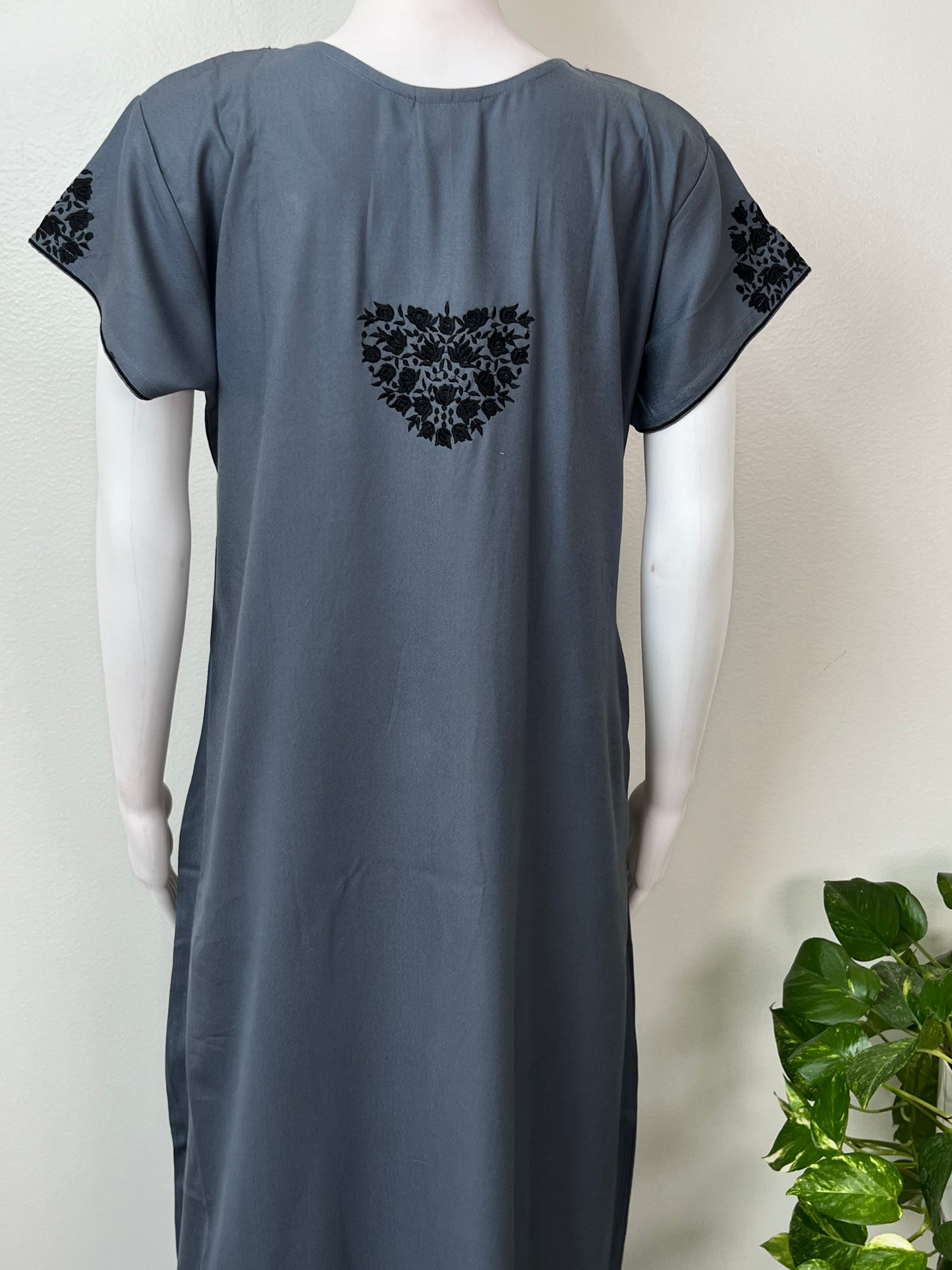 Charcoal Grey Delicate Embroidery Alpine Fabric Nightgown