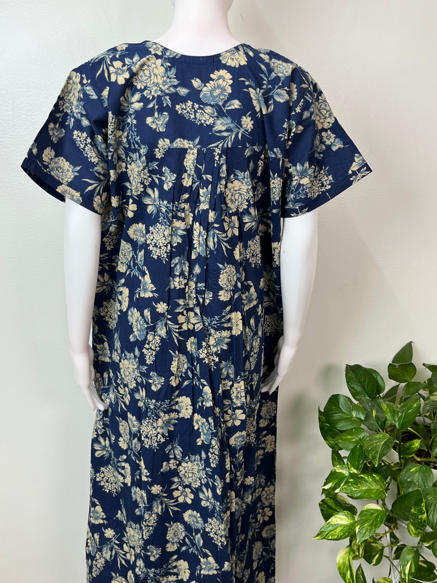 Navy Blue Pleated 100% Cotton Nightgown