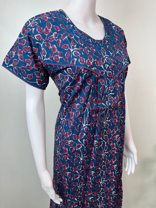 Navy Blue Pure Cotton Nighty with Contrast Print