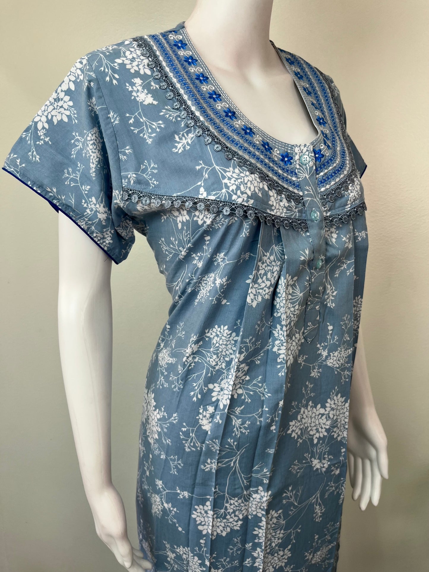 Sky Blue Elegant Embroidered Bizzylizzy Crush Fabric Nighty