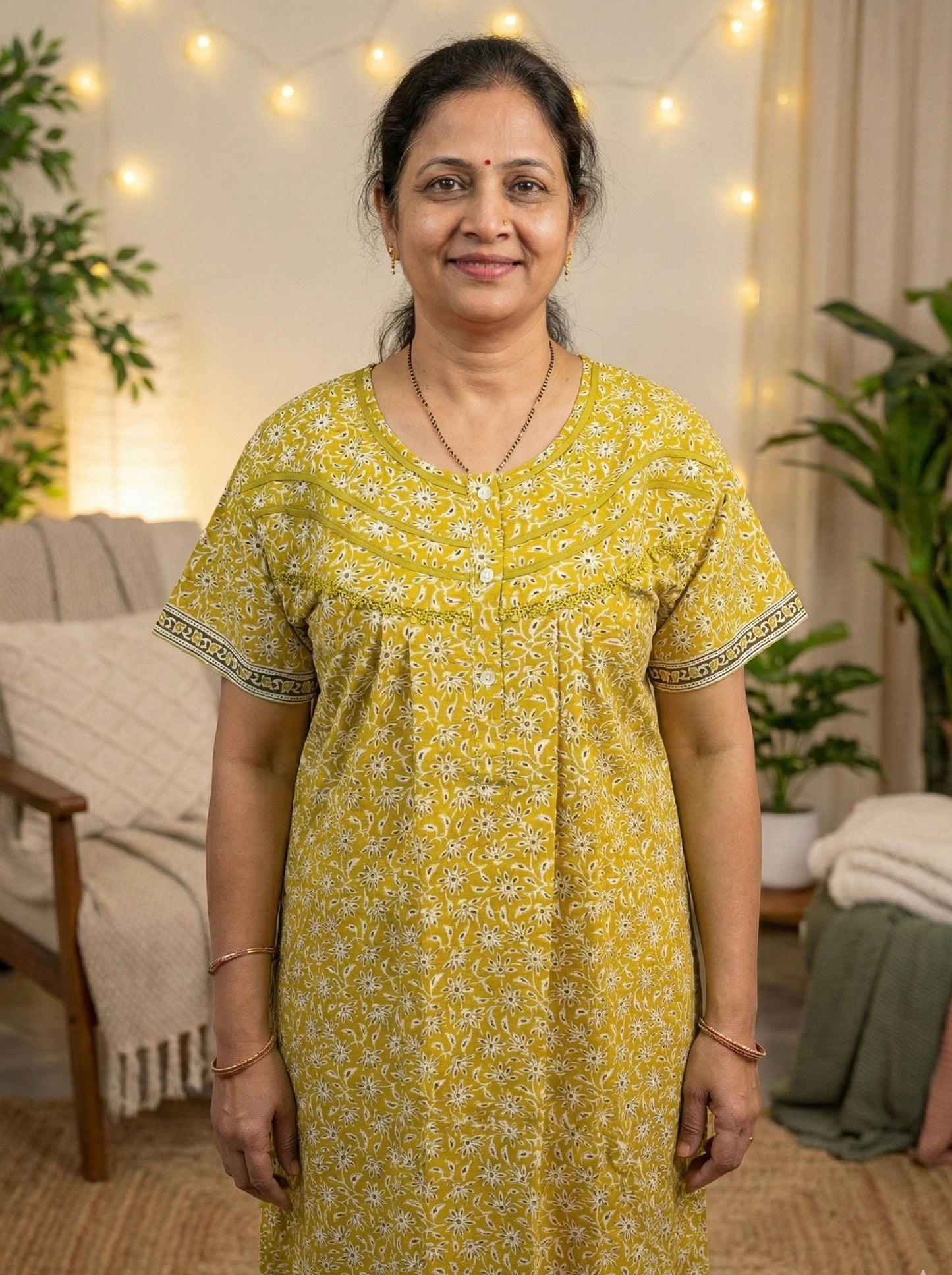 Yellow Pleated Style 100% Cotton Nightgown