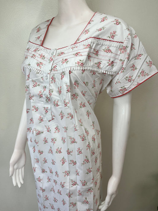Red Floral Printed Polyester Cotton Nightgown