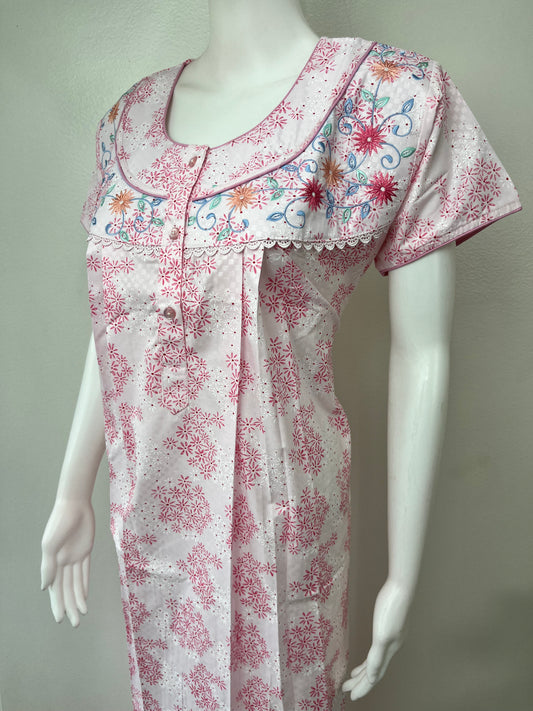 Baby Pink Boutique Cotton Nighty with Elegant Embroidery
