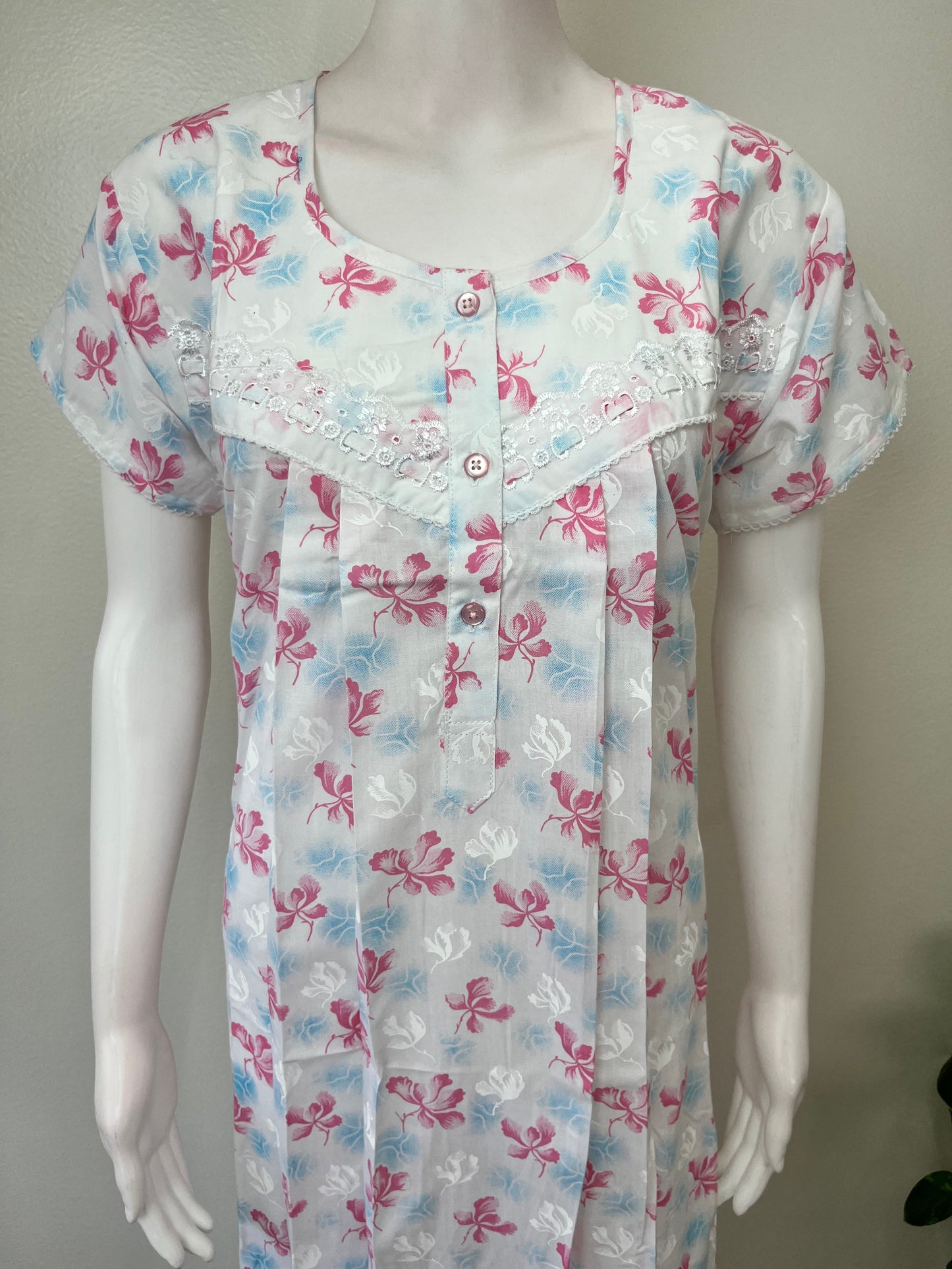 Pink Floral Polyester Cotton Elegant Nighty