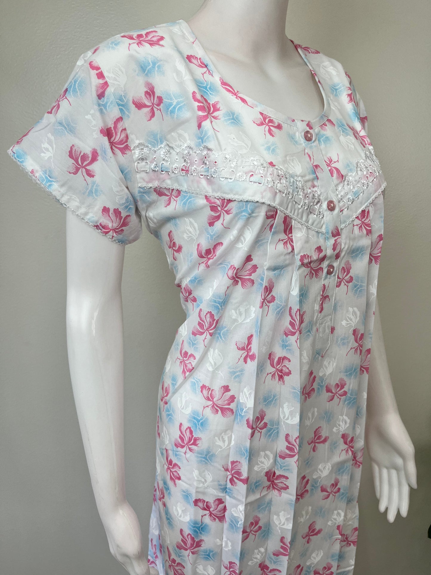 Pink Floral Polyester Cotton Elegant Nighty