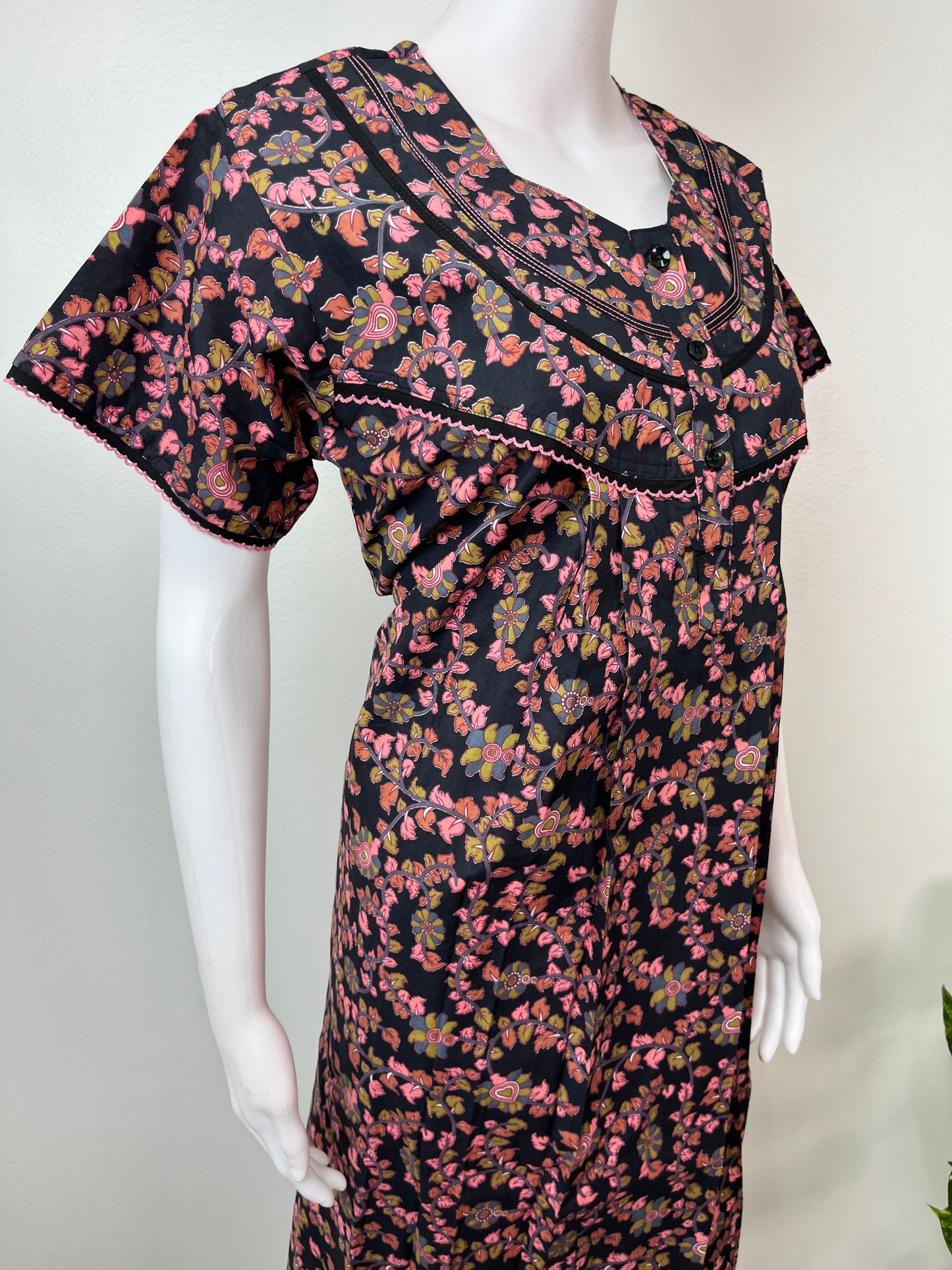 Black 100% Cotton Nightgown with Contrast Print