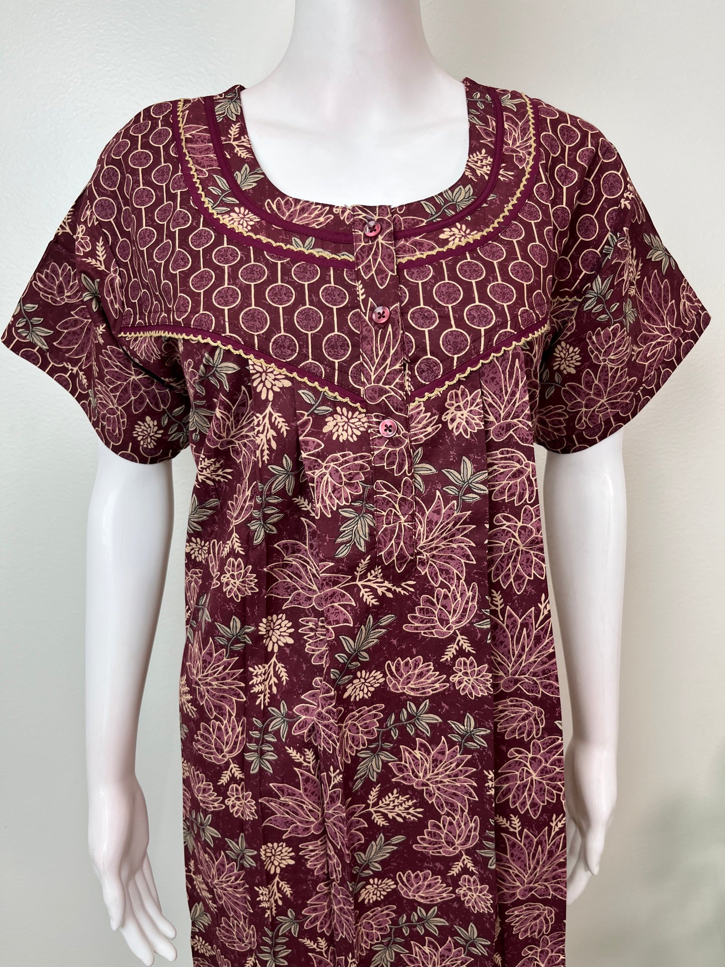 Wine Pure Cotton Nightgown with Double Print