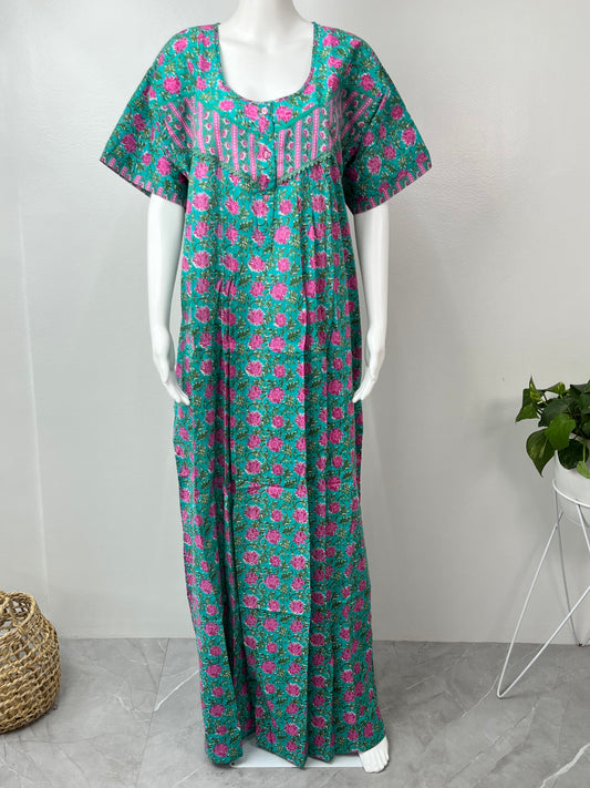 Turquoise Pure Cotton Pleated Nighty for Women
