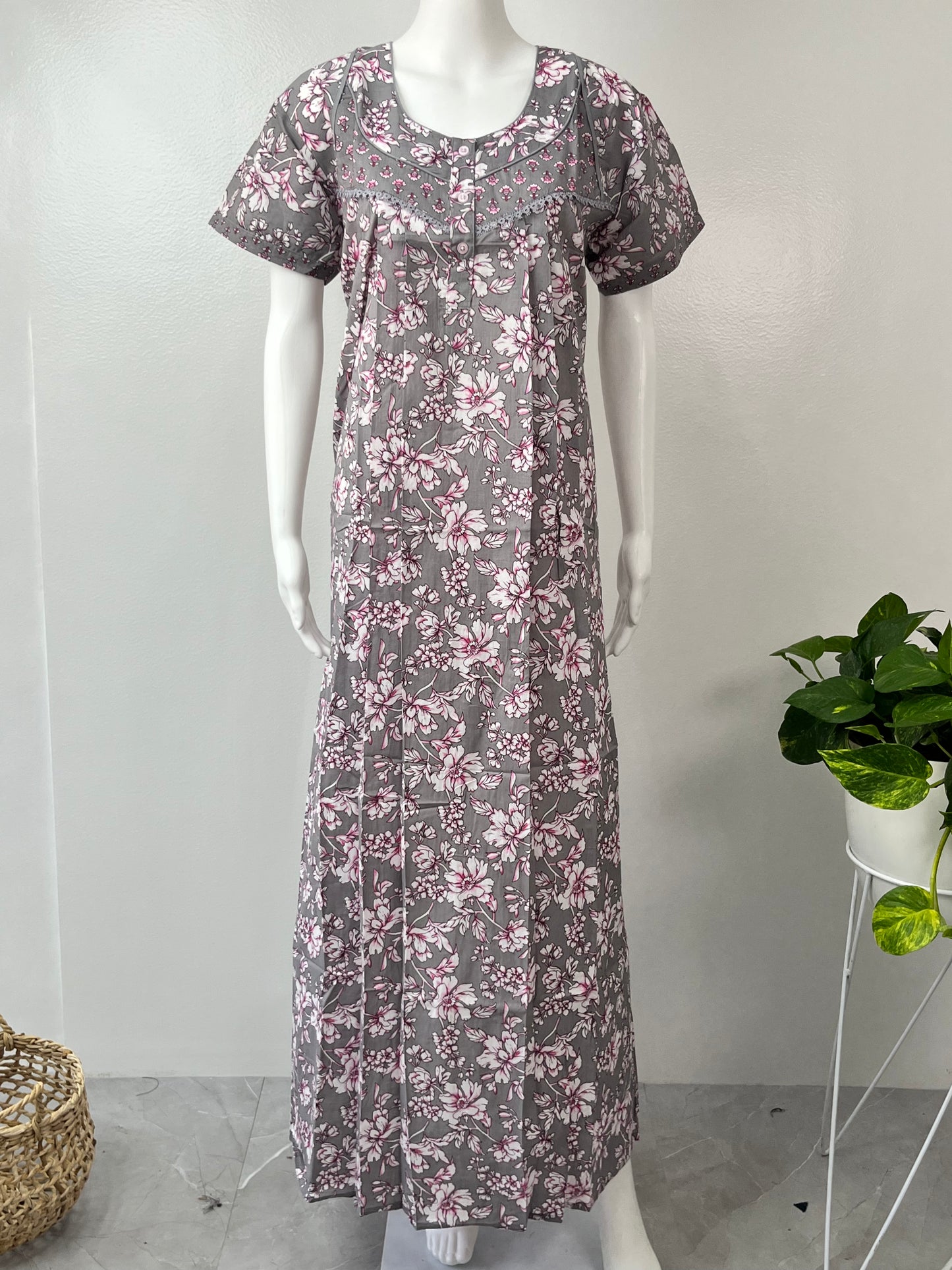 Grey Cambric Cotton Nightgown Comfortable & Elegant