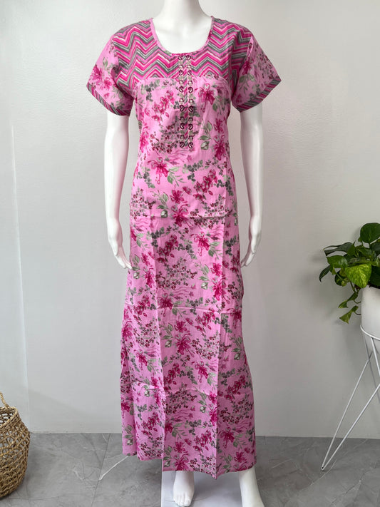 Pink Pure Cotton Nightgown for Women with Embroidery
