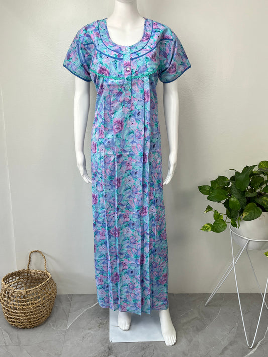 Sky Blue Pleated Cotton Nighty