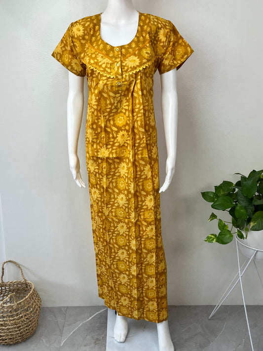 Mustard Pleated Cotton Nightgown for Women