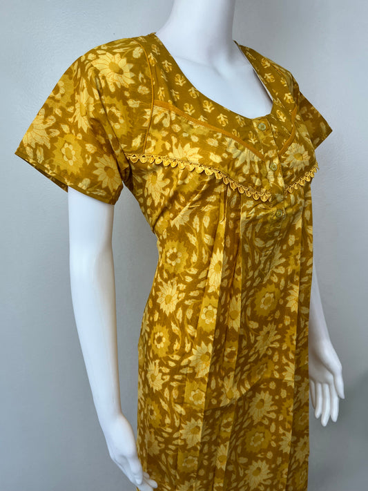 Mustard Pleated Cotton Nightgown for Women