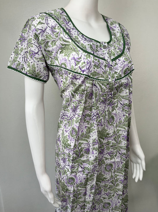 White & Purple Pure Cotton Nighty with Digital Print