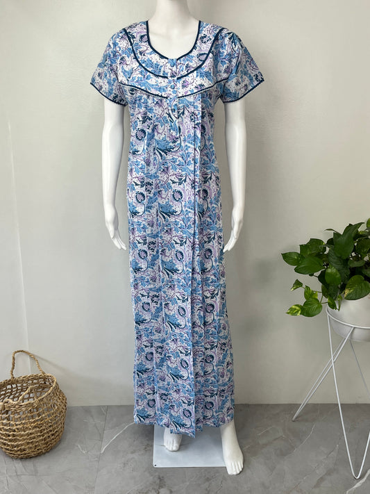 Sky Blue Printed 100% Cotton Nightgown