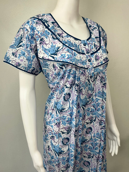 Sky Blue Printed 100% Cotton Nightgown