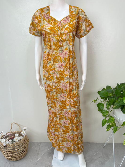 Mustard Pleated Cambric Cotton Women's Nightgown
