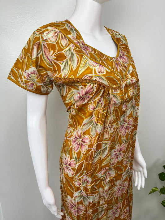 Mustard Pleated Cambric Cotton Women's Nightgown