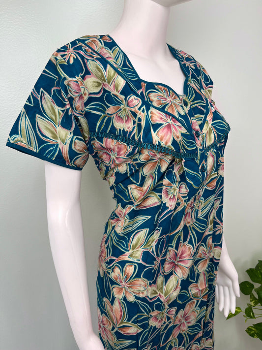 Teal Green Floral Cambric Cotton Nightgown