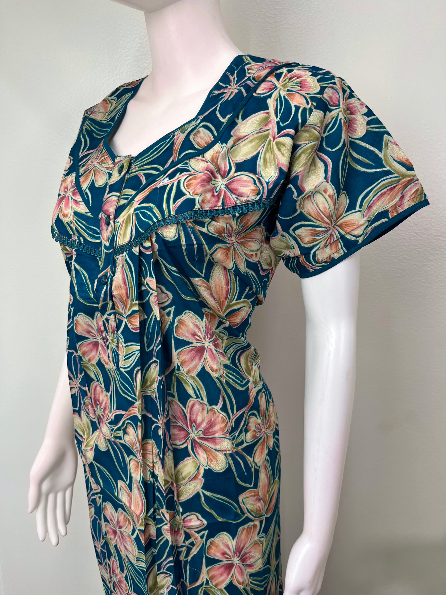 Teal Green Floral Cambric Cotton Nightgown