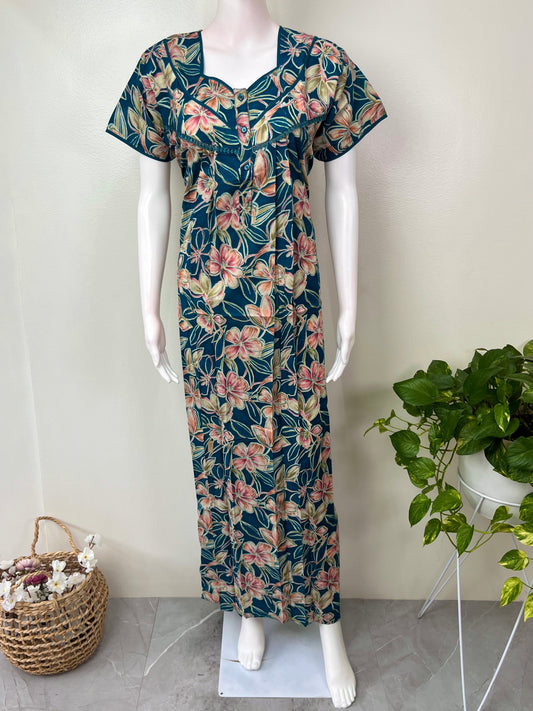 Teal Green Floral Cambric Cotton Nightgown