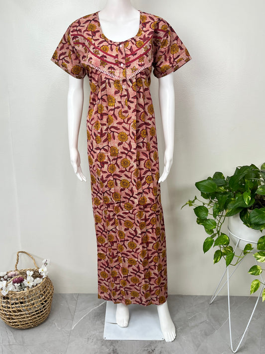 Maroon Pleated Cambric Cotton Nightgown