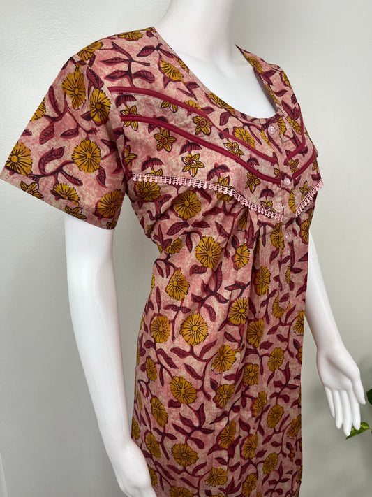 Maroon Pleated Cambric Cotton Nightgown