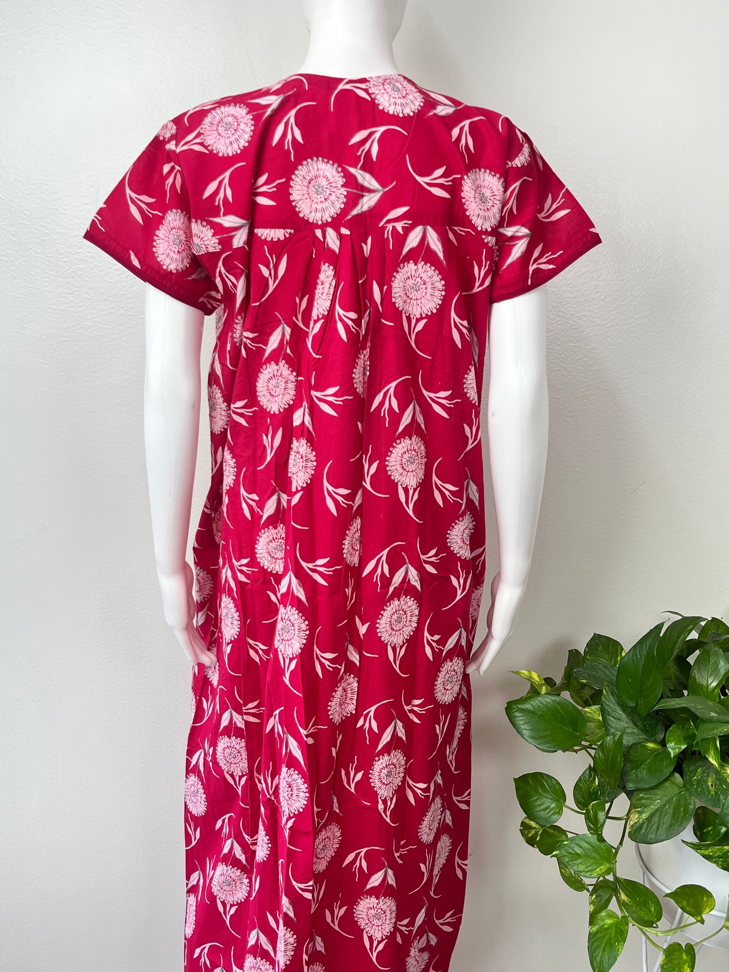 Red Floral Printed Cambric Cotton Nightgown