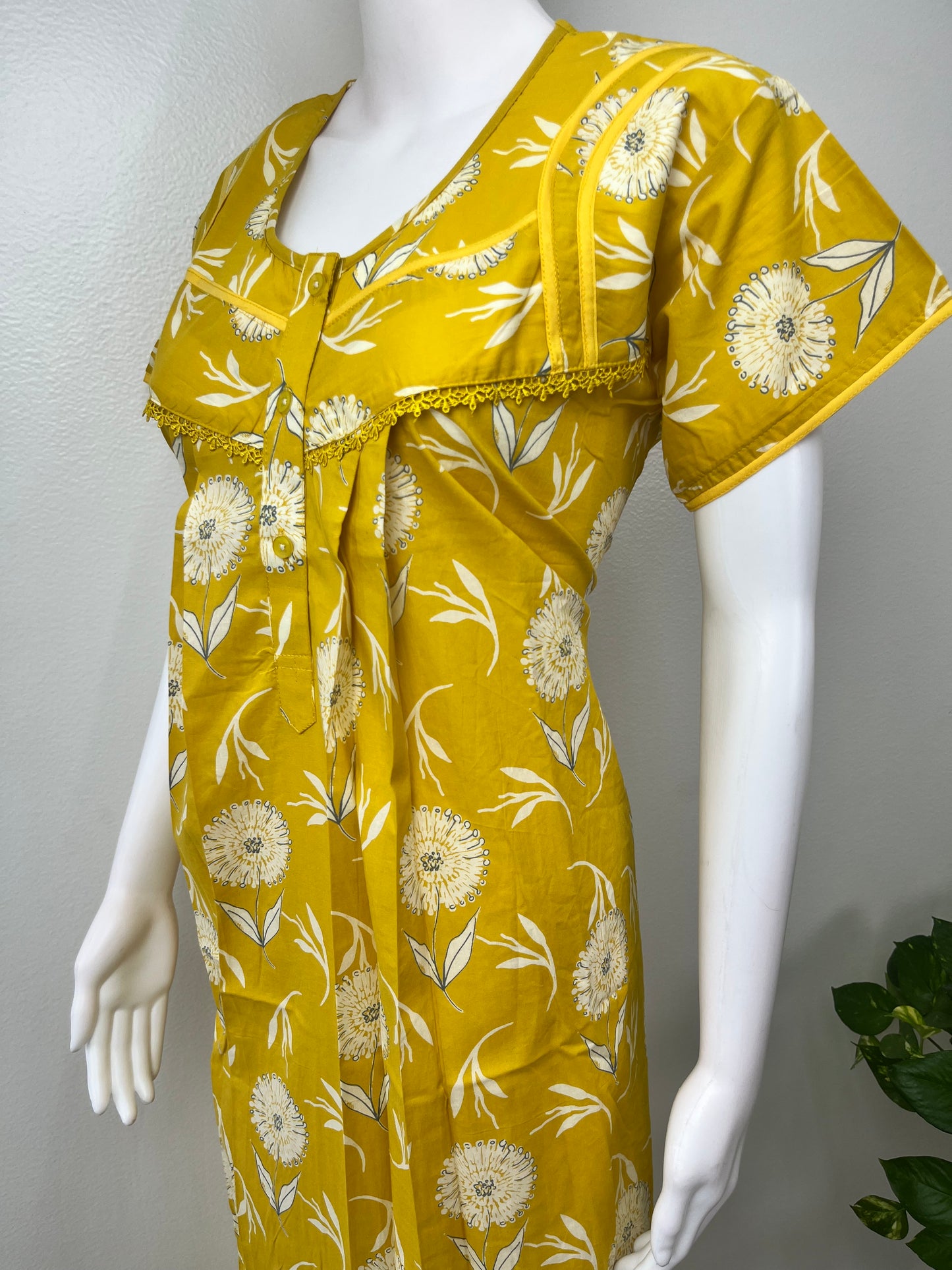 Yellow Pleated Cambric Cotton Nighty for Women