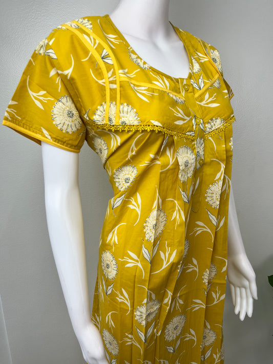 Yellow Pleated Cambric Cotton Nighty for Women
