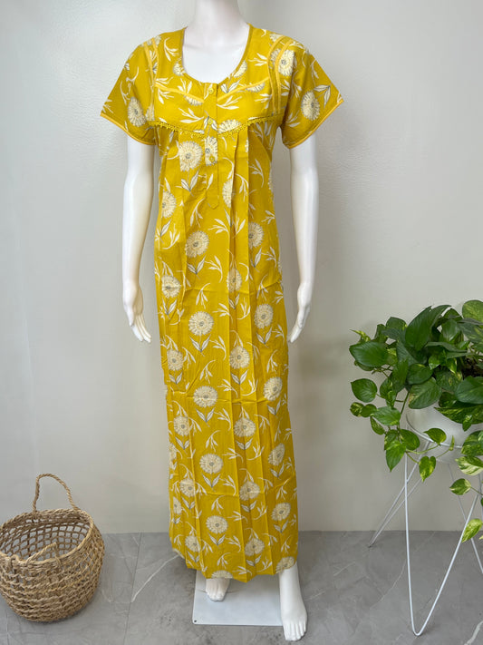 Yellow Pleated Cambric Cotton Nighty for Women