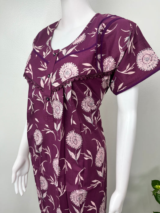 Purple Floral Printed Cambric Cotton Nightgown