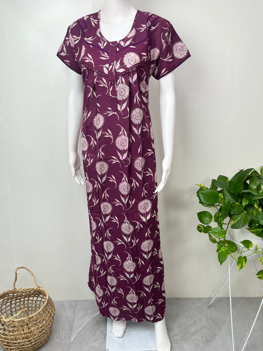 Purple Floral Printed Cambric Cotton Nightgown