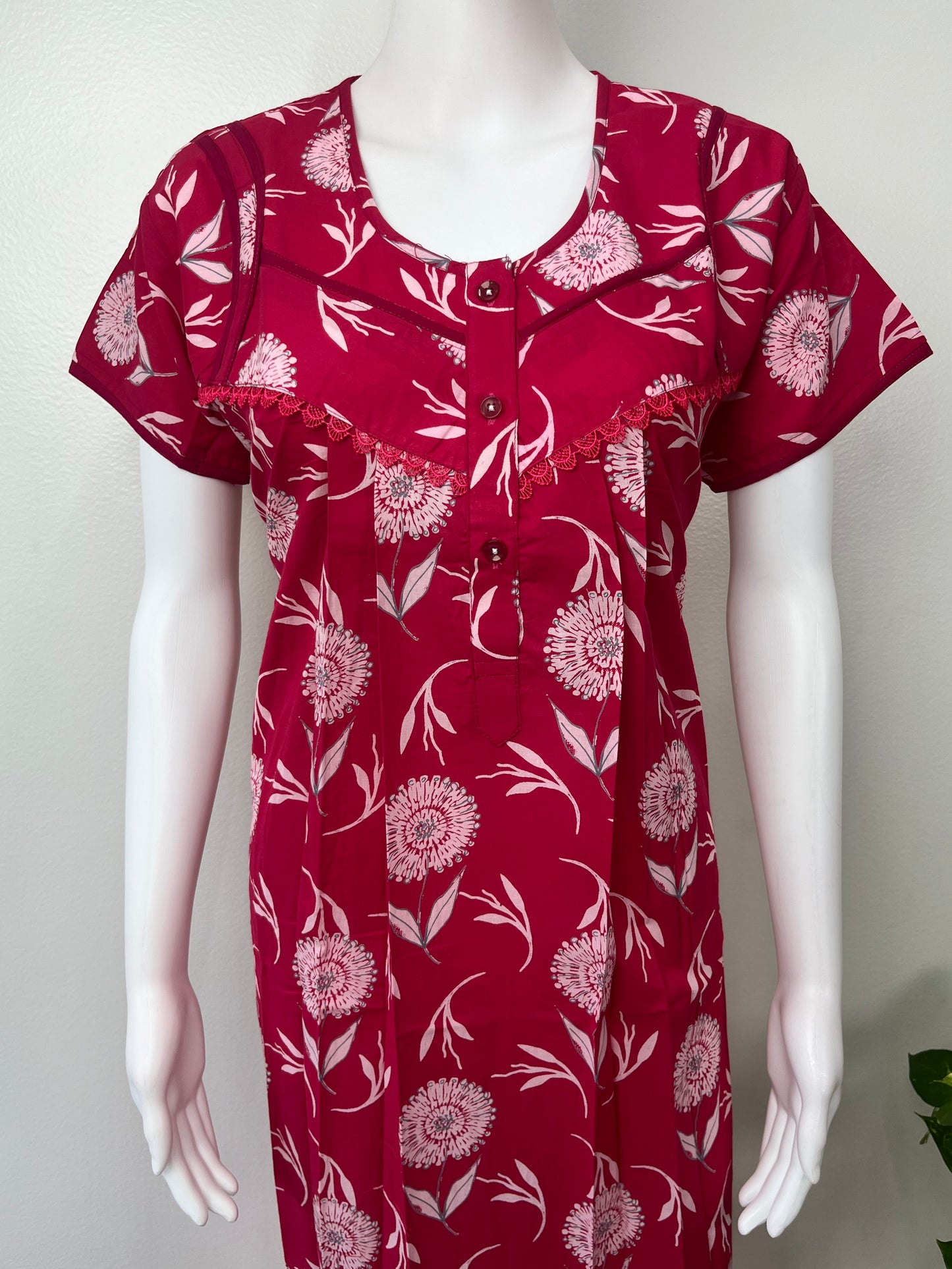 Red Floral Printed Cambric Cotton Nightgown