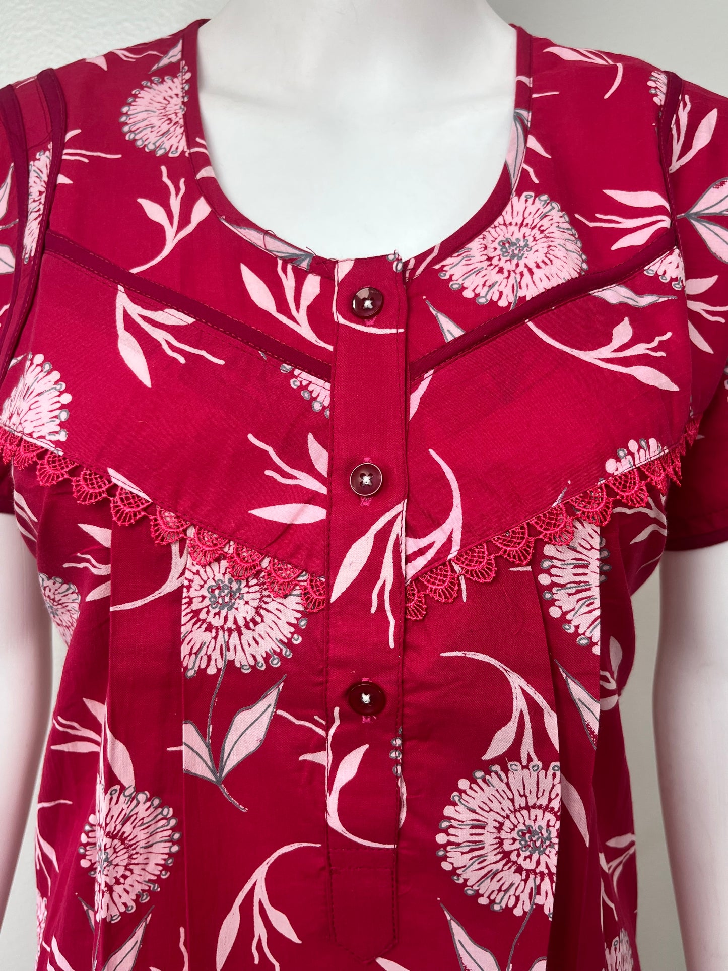 Red Floral Printed Cambric Cotton Nightgown