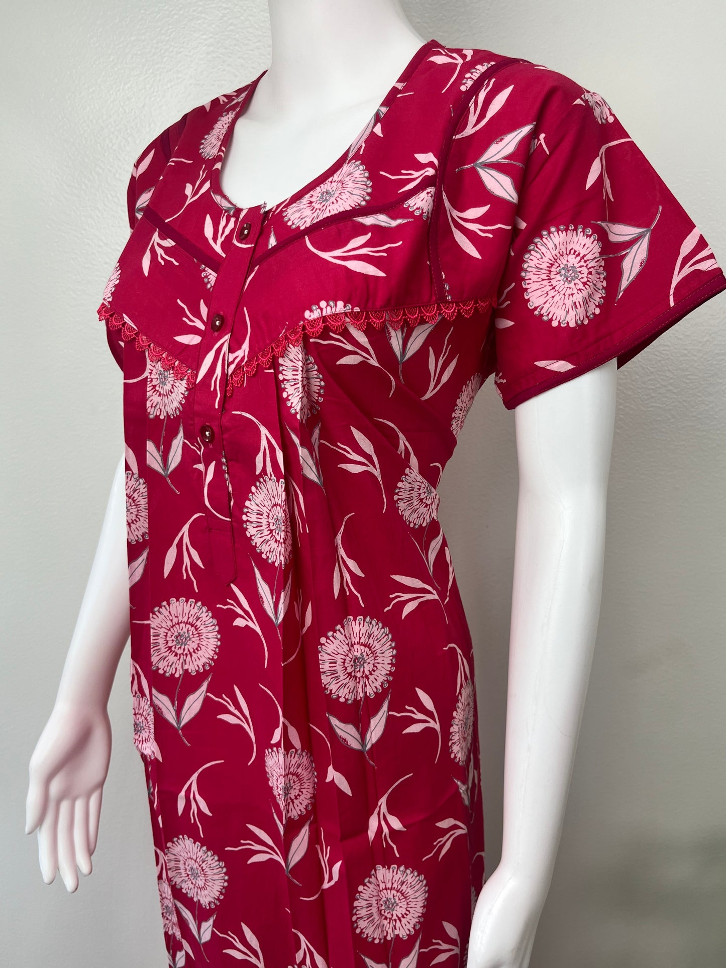 Red Floral Printed Cambric Cotton Nightgown