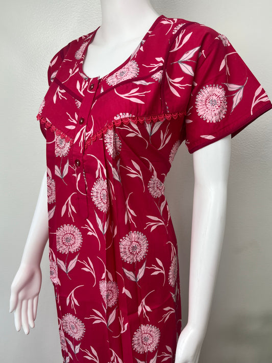 Red Floral Printed Cambric Cotton Nightgown
