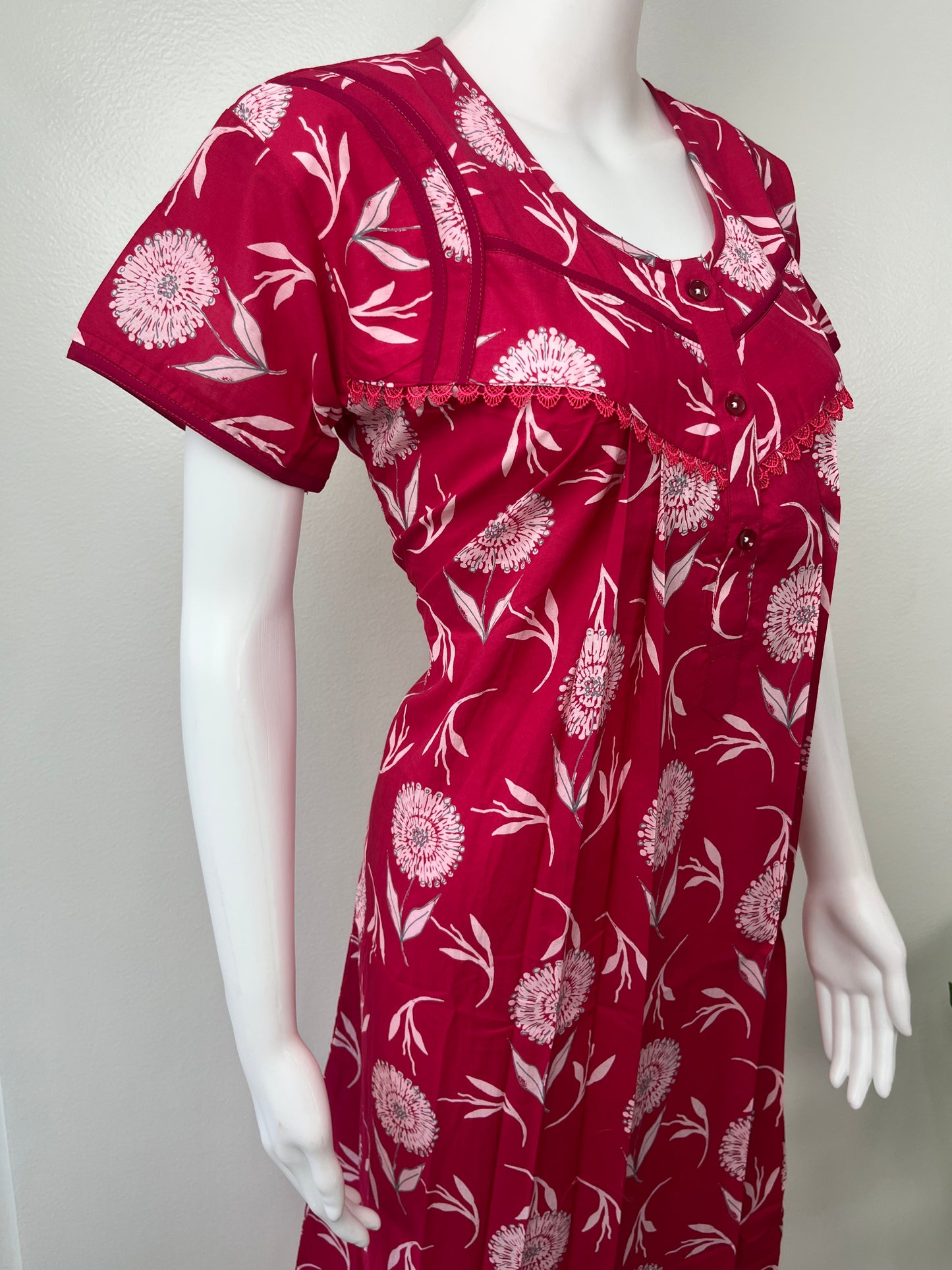 Red Floral Printed Cambric Cotton Nightgown