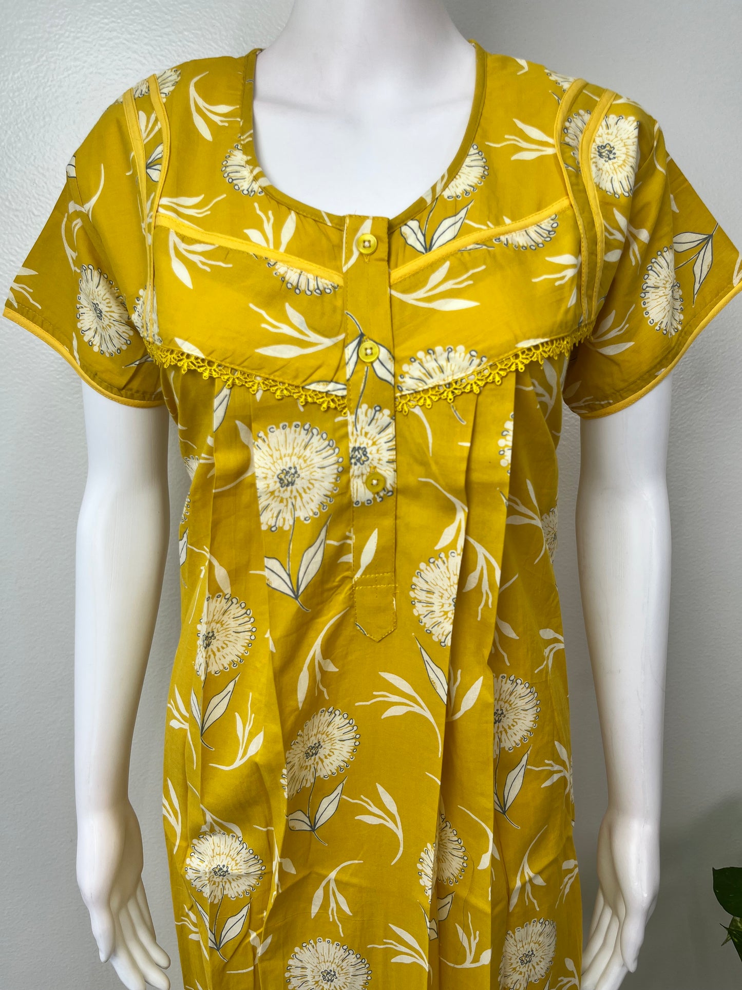 Yellow Pleated Cambric Cotton Nighty for Women