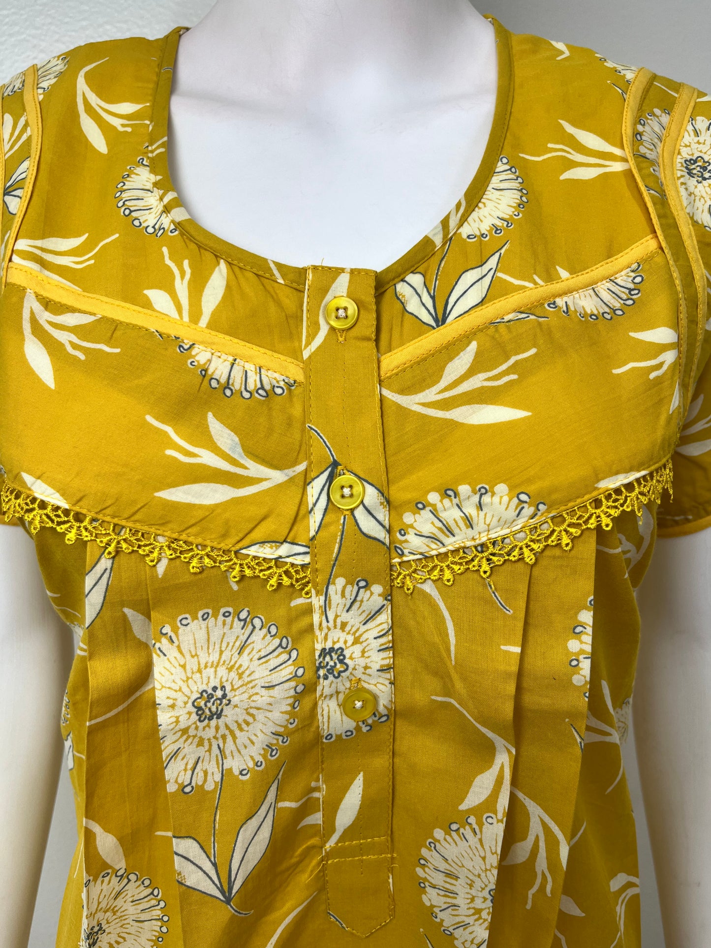 Yellow Pleated Cambric Cotton Nighty for Women