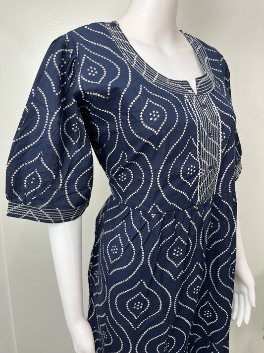Navy Blue Bandhani Cambric Cotton Nighty