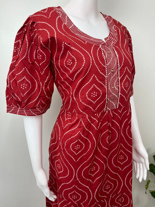 Red Cambric Cotton Bandhani Nightgown for Women