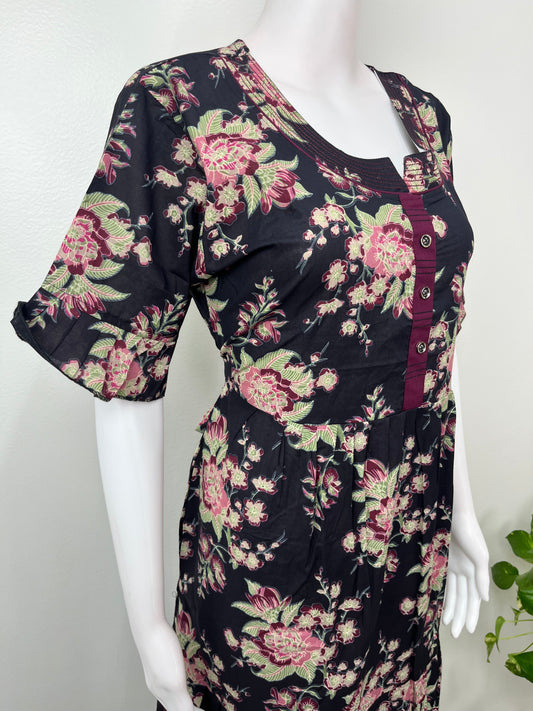 Black Floral Umbrella Style Cambric Cotton Nightgown
