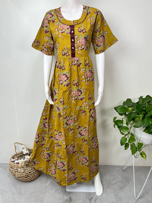 Mustard Frock Style Cambric Cotton Nighty for Women