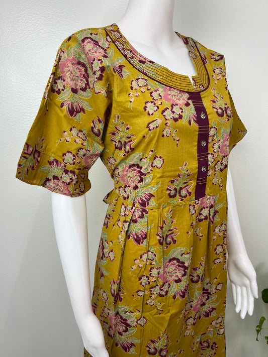 Mustard Frock Style Cambric Cotton Nighty for Women