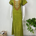 Green Cambric Cotton Embroidered Nighty for Women