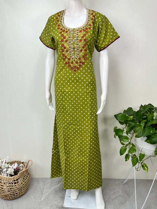 Green Cambric Cotton Embroidered Nighty for Women