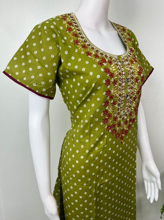 Green Cambric Cotton Embroidered Nighty for Women
