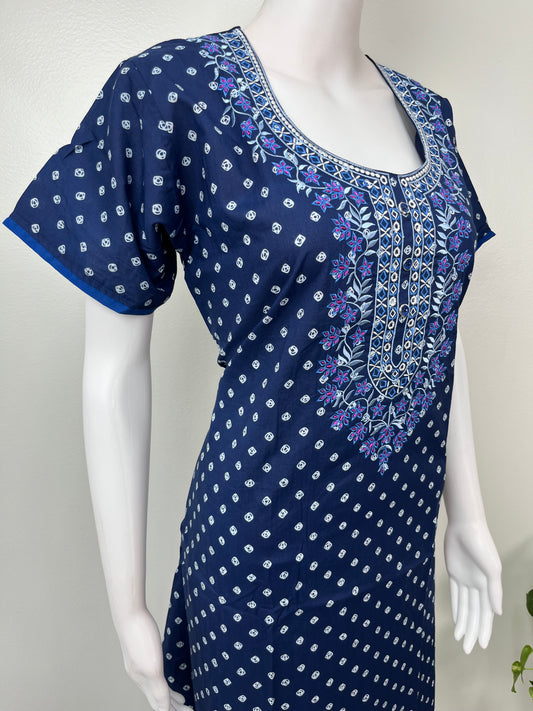 Navy Blue Classic Emrbroidered Cambric Cotton Nighty