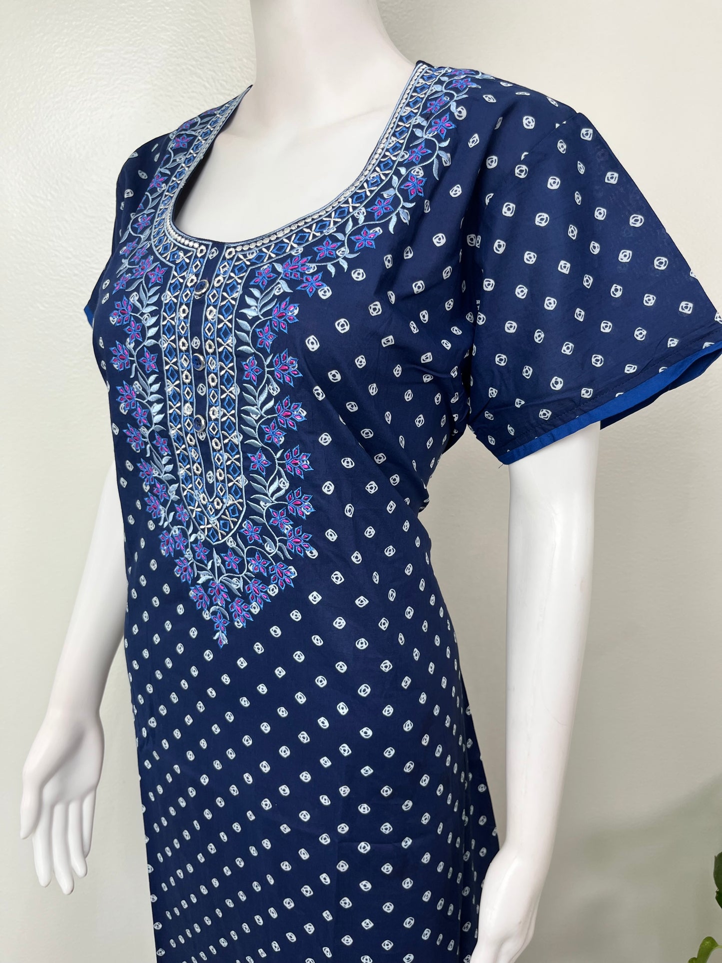 Navy Blue Classic Emrbroidered Cambric Cotton Nighty